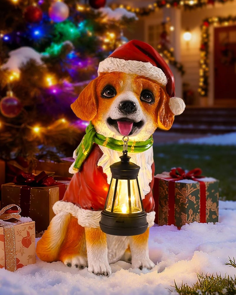 Pohabery Christmas Dog Garden Statue with Solar Lantern – Santa Dog Figurine in Red Coat & Hat, Outdoor Christmas Yard & Porch Decorations, Balcony & Lawn Decor, for Dog Lovers - Image 1
